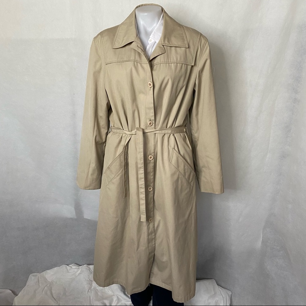 London Fog Tan Trench Coat Long With Liner and Tie Button Down